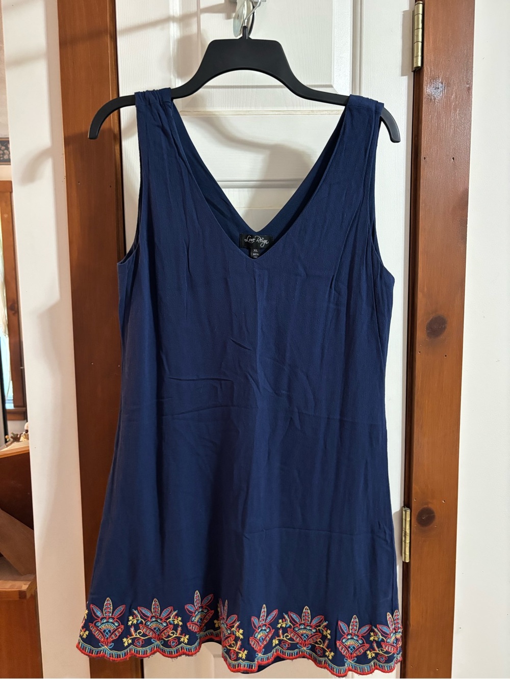 Love Reign Navy Sleeveless V-Neck Tunic with Colorful Embroidered Hem